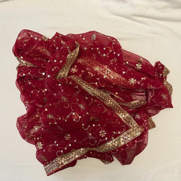 Bollywood Sheer Maroon Embroidered Sequin Scarf 34” X 76” From India - Picture 5 of 10